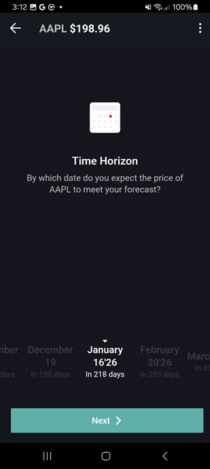 The options wizard select date on the Android Phone
